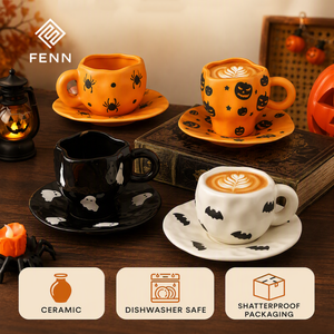 แก้วกาแฟเซรามิก FENN ลายฮาโลวีนพร้อมจานรอง ชุดของขวัญสุดแปลกใหม่ ทำด้วยมือ ปลอดภัยสำหรับเครื่องล้างจาน ใช้ได้ทั้งกาแฟและชา ของตกแต่งบ้าน - Product Image 4