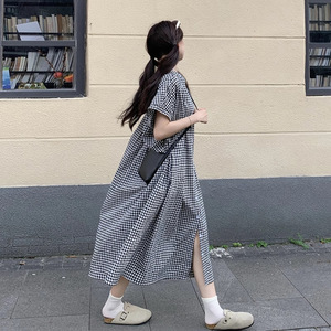 Plaid Shirt Dress Women Summer Long Dress Collared Neck Loose Waist Slit Breathable Daily Casual Dress - Product Image 1