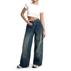 Nouvel Arrivage – Jean Baggy Taille Haute à Jambes Larges avec Logo Personnalisé, Détails de Couture et Lavage Vintage pour Femme - Product Image 1