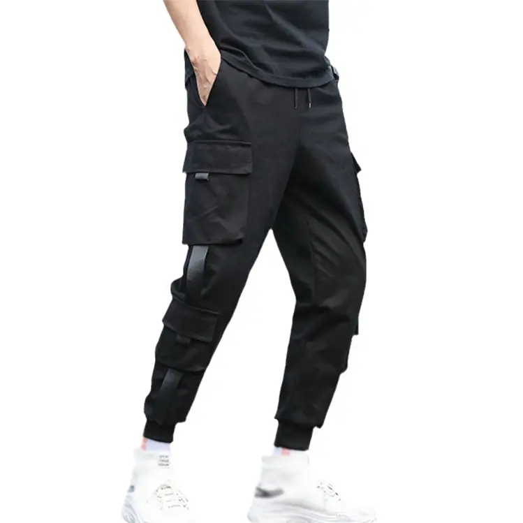 OEM Custom Hip Hop Joggers Men Ribbons Harem Black Casual Streetwear Cargo Pants