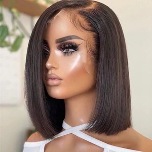 วิกผมบ๊อบสั้นแบบปิดด้วยลูกไม้สำหรับผู้หญิงผิวดำ วิกผมบ๊อบแบบไม่ต้องใช้กาวพร้อม<span class=keywords><strong>หน้าม้า</strong></span> วิกผมลูกไม้ด้านหน้าแบบ Double Drawn <span class=keywords><strong>ผม</strong></span>แท้ - Product Image 4