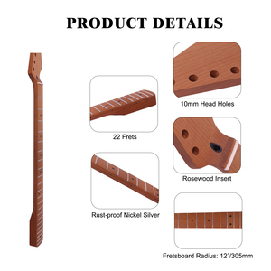 Manico per Chitarra in Acero Tostato, Scala 28\", Conversione Baritono, Raggio 12\", Fori 10 mm, 22 Tasti, Finitura Satinata - Product Image 2