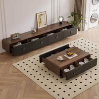 Ensemble console TV et table basse en bois finition noyer rétro avec tiroirs à fermeture douce, coins arrondis et design bicolore pour salon