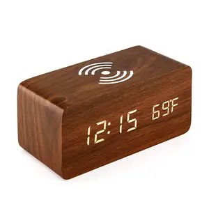 温度付きアトミックワイヤレス充電器木製デジタル目覚まし時計