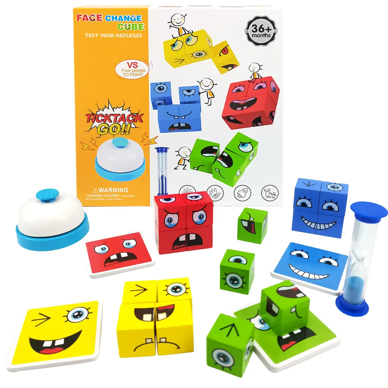 Puzzle Cubes de construction en bois visage changeant Cube blocs de construction jouet avec cloche et horloge de sable correspondant jeux de société pour enfants âges