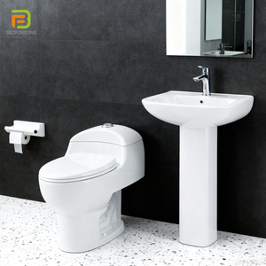 Set Sanitari per Hotel, WC e Lavabo in Ceramica, Toilette Monoblocco con <span class=keywords><strong>Sifone</strong></span> e Lavabo su Colonna - Product Image 1