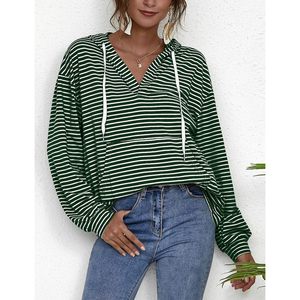 FOXA <b>Women's</b> Long Sleeve <b>V</b> <b>Neck</b> Hoodie Striped Oversized Pullover <b>Sweatshirt</b> Breathable Cotton Bamboo Fiber Drop Shoulder With - Product Image 2