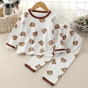 Rarewe Wholesale Boy Girl Home Wear Clothes 2pcs Set Solid Color Animal Printing Kids Sleepwear Children Pajamas