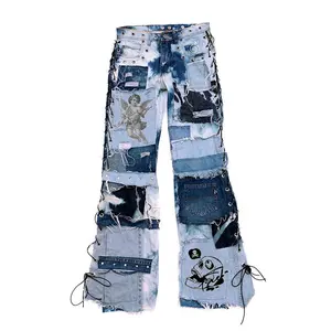 AeeDenim yeni model streetwear casual denim pantolon yıkanmış sıkıntılı marangoz büyük boy erkekler s yığılmış flare amerikan kot erkekler için