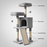 Arbre à chat multi-niveaux en bois avec quatre poteaux à gratter en sisal, deux niches, balles suspendues, carton personnalisé pour grands chats, OEM