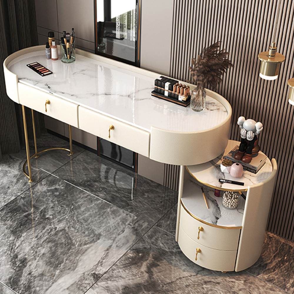 Marble Dressing Table with Mirror and Drawers - Modern Gold Legs
