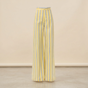 Viraak Exports Yellow Striped High Waist Wide Leg Pants Breathable Woven 100% Cotton Casual Full Length <b>Summer</b> Women's <b>Trousers</b> - Product Image 3