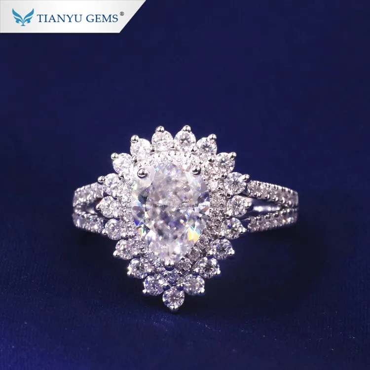 Tianyu Cincin Permata Mewah untuk Pesta, Cincin Emas Putih Berlian Moissanite Bentuk Pir