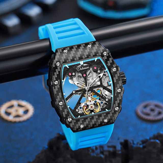 Carbon Fiber Look Alloy Case Skeleton Dial Fashion Luxury Uhren Men Automatic Mechanical Watch