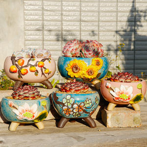 Msh Handgeschilderde Ruwe Aardewerk Schotel Bloempot Groene Plantenbak Met Drie Voet - Product Image 1