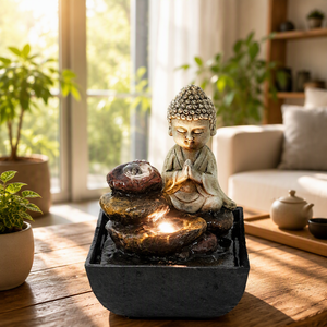 Fontaine d'eau de table en résine, statue de Bouddha priant, cascade de roches empilées, lumière LED pour un style zen, intérieur, maison, bureau - Product Image 1