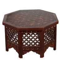 Mesa de Centro Hexagonal de Madera Tallada a Mano con Tapa de Vidrio |   Mesa de Centro con Diseño Tradicional Jali