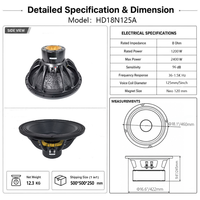 Haut-parleur de subwoofer néodyme HD18N125A 18 pouces, 1200 W RMS, 2400 W de crête, 8 ohms, bobine vocale de 5 pouces pour système de sonorisation PA de scène