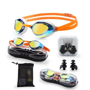 Lente de revestimiento de espejo de carreras para adultos, protección UV antivaho, gafas de natación de silicona, tapones para los oídos, clip nasal, paquete de equipo de natación, funda PS