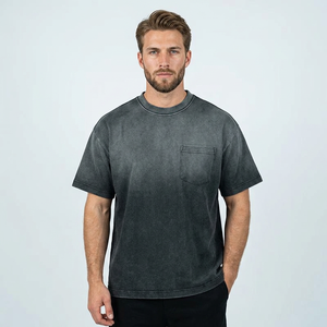 เสื้อยืดสไตล์วินเทจแบบทำสีซีดจางสำหรับผู้ชาย เสื้อยืดพิมพ์ลายแบบกำหนดเองพร้อมกระเป๋าขาดๆ เสื้อยืดผ้าฟอกสีแบบแอซิดวอชสำหรับผู้ชาย - Product Image 1