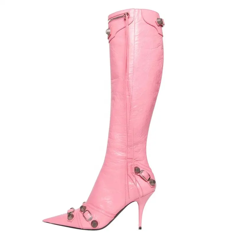 Fashion Design Boots Shoes Pointy Toe Rivets Buckle Knee High Boots High Heel for Women Zip Custom Shoes Size 43