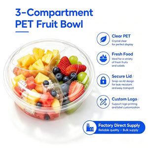 3 Compartment Clear PET Plastic Bowl with Lid BPA Free <b>Disposable</b> Food Container for Supermarket Fruit Salad <b>Platter</b> Custom Logo - Product Image 1