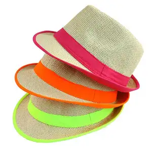 Topi Jerami Neon Pria, Topi Fedora Musim Panas Harga Murah untuk Pesta Merasa Jazz