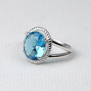 Bague ovale en argent Sterling 925 avec bords en pierre précieuse, pierre naturelle, simple, bleu, lac - Product Image 1