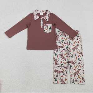 Ensemble de vêtements de chasse pour bébés garçons, motif chiens et canards, avec barboteuses, pantalon polo et poches à boutons - Product Image 5