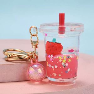 <b>Custom</b> Acrylic Mini Liquid Filled Shaker <b>Key</b> <b>Ring</b> Cartoon Milk Tea Cup Cute Boba Fruit Keychain for Decoration - Product Image 2