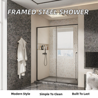 Porte de douche moderne encadrée en aluminium et acier inoxydable, avec un panneau fixe et deux panneaux coulissants, pour salle de bain de villa ou d'hôtel