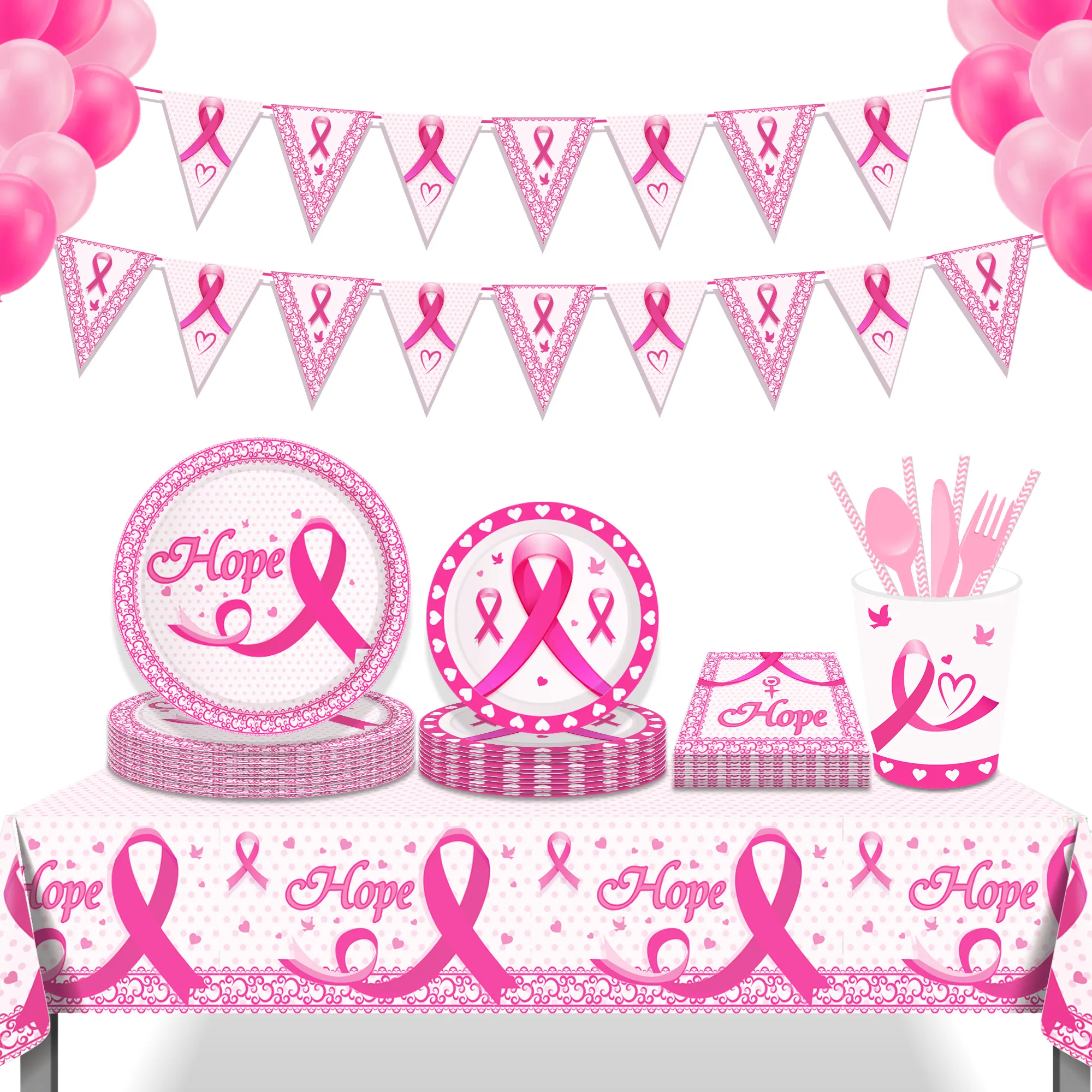 Huancai – fournitures de fête de sensibilisation au cancer du sein, ruban rose, assiettes en papier, tasses, serviettes, vaisselle jetable, ensemble pour décoration de fête