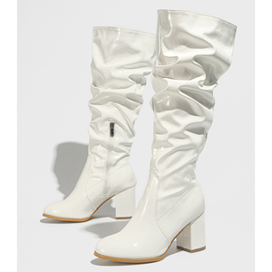 XSD New Thick <b>Heel</b> Natural Wrinkle Mid-tube Black Patent Leather All-match <b>Round</b> <b>Toe</b> Boots 35-42 - Product Image 6