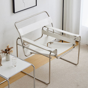 Fauteuil KD Constructivist en acier inoxydable avec cadre <span class=keywords><strong>tubulaire</strong></span> et assise en <span class=keywords><strong>cuir</strong></span> blanc pour loft urbain et bureau à domicile - Product Image 2