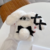 Casing HP Lucu Bertelinga Kelinci Berbulu Lembut untuk iPhone Duo dengan Tali, Casing Plush Kartun Lucu untuk iPhone Duo
