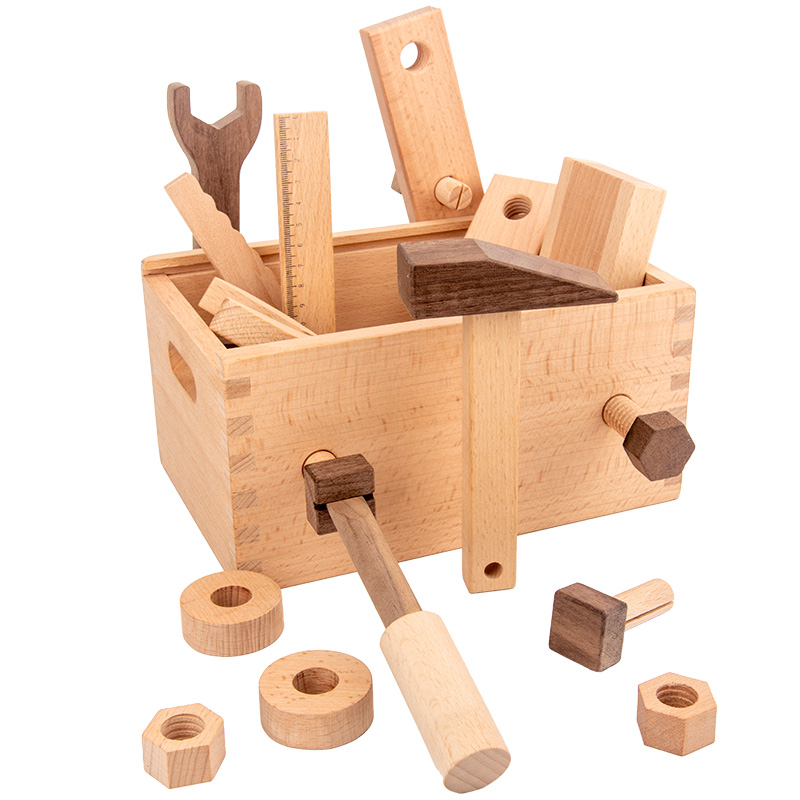 Hot selling high quality educational wooden toolbox toys pretend to play DIY building assembly toolbox toys