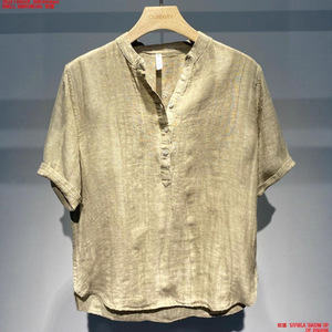 Kemeja Linen Katun Pria Kasual Kerah Mandarin Lengan Pendek Atasan Musim Panas Kemeja Pantai Ringan Bernapas Ukuran Besar 5XL - Product Image 2