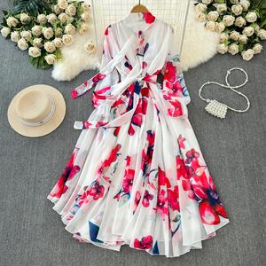 Vestido de Gasa con Estampado Floral Elegante Francés <span class=keywords><strong>para</strong></span> Mujer, Primavera Verano, Casual, Ajustado, Amplio, con Cuello de Lazo <span class=keywords><strong>para</strong></span> Vacaciones - Product Image 4