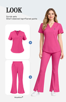Ensemble d'uniformes médicaux unisexes personnalisés pour médecins et infirmières, pantalon évasé extensible à col en V, en polyester/spandex, pour usage hospitalier, vente en gros, OEM