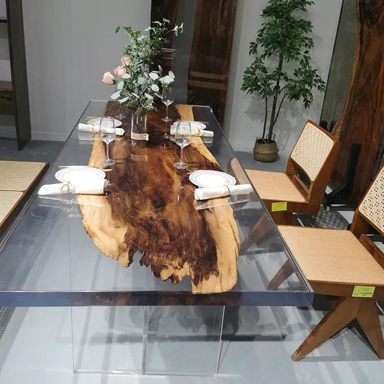 New Design Clear Epoxy Resin Dining Table Natural Wood Live Edge Resin Crystal Table Top