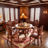 Europäisches Massivholz Rundes Esszimmer-Set Handgeschnitzte PU-Leder Stühle Vintage Königliche Esszimmermöbel Großhandel