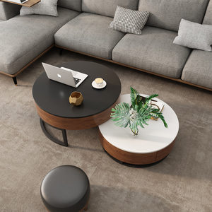 NOVA dessus en marbre rond ensembles de table centrale gigogne en bois massif 2 pièces table basse élévatrice avec rangement meubles de salon modernes - Product Image 6