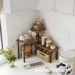 Multi Tiered Spice Rack Wooden <b>Corner</b> Storage Shelf Rustic Kitchen Counter Organizer With <b>Basket</b> And Jars For Pantry - Product Image 3
