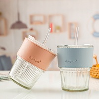 YEKEA Tasse de voyage en verre 400 ml, résistante à la chaleur, avec manchon en cuir, style américain, cadeau de rentrée scolaire, couvercle, paille, coton perlé