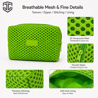 Pochette de maquillage portable de luxe respirante en maille nid d'abeille vert néon vif avec fermeture éclair pour femme