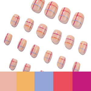 Juego <span class=keywords><strong>de</strong></span> <span class=keywords><strong>Uñas</strong></span> Postizas <span class=keywords><strong>de</strong></span> Neón con Diseño a Cuadros, Rosa, <span class=keywords><strong>Amarillo</strong></span>, Verde, Azul, Tartán, Forma Ovalada, Brillantes, Reutilizables, Hechas a Mano, con Diseño Moderno, 4413 - Product Image 4