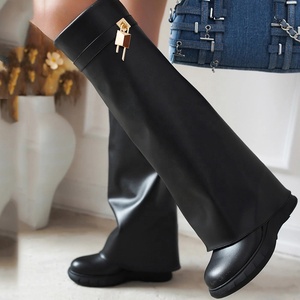Big Size 48 Women Round Toe Overlay Wedge Heels Shoes Bright Metallic Lock Shark Booties Cowgirls Thick Soles Knee High <b>Boots</b> - Product Image 3