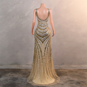 Abito <span class=keywords><strong>da</strong></span> sera <span class=keywords><strong>da</strong></span> donna lungo fino al pavimento, sexy, con scollo a V, schiena scoperta, in paillettes e pizzo <span class=keywords><strong>color</strong></span> <span class=keywords><strong>oro</strong></span>, per feste - Collezione 2025 - Grande Offerta - Product Image 2