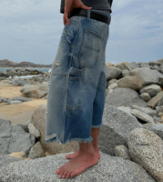 Shorts en jean longs pour hommes, style vintage, double genou, effet usé, délavé à l'acide, personnalisés