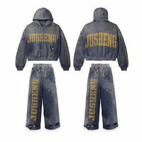 Nouvel ensemble de survêtement streetwear personnalisé grande taille, coupe courte, effet usé, avec fermeture éclair, strass, pantalon de survêtement évasé ample et sweat à capuche